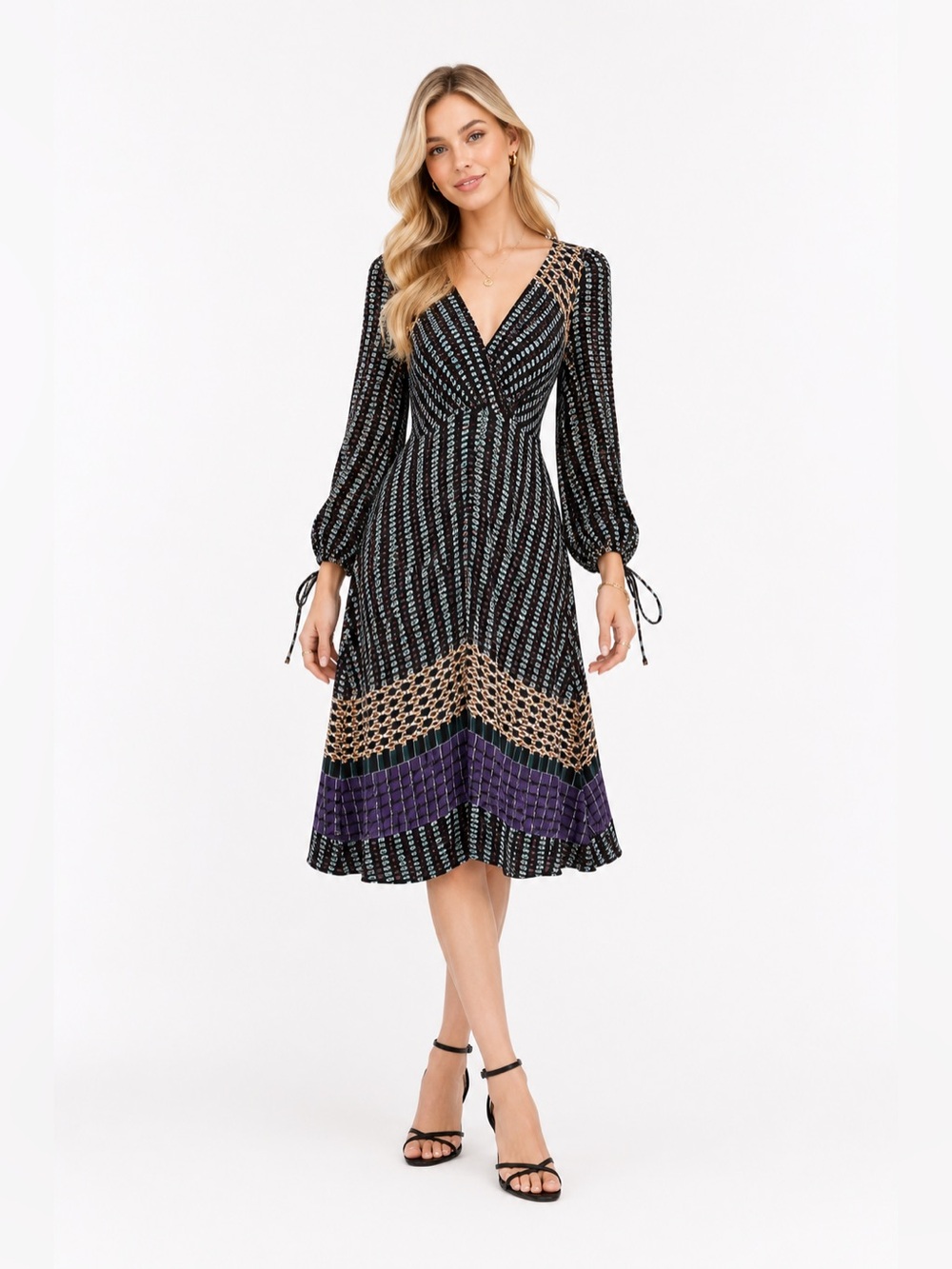 Maeve Black Midi Dress with Purple & Tan Border